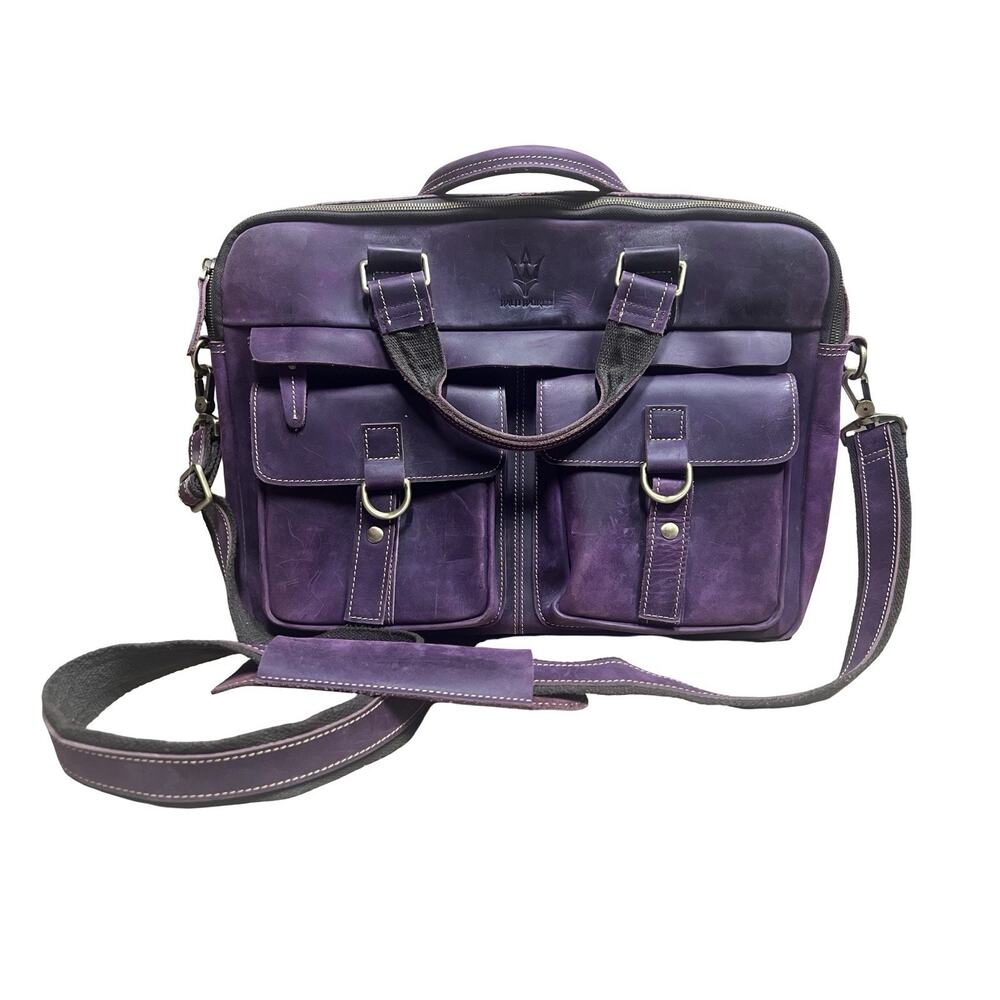 Wild World Purple Burnished Leather 16” Laptop Briefcase Bag Shoulder Strap
